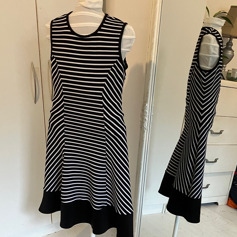 Suzy Shier Black and White Striped Midi Dress